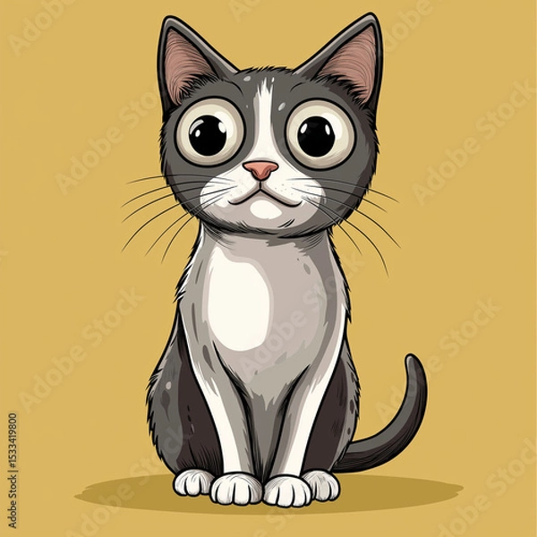 Fototapeta A charming cartoon cat captivates with its adorable eyes, a playful depiction of feline innocence on a soft yellow background.