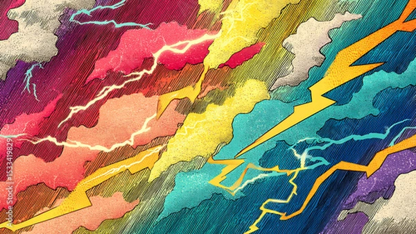 Fototapeta sparkling lightning colorfull, half vintage comic book pattern