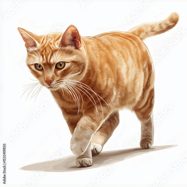 Fototapeta A ginger tabby cat walks stealthily, exuding quiet confidence and charm, in a stylized illustration that captures its feline grace and curiosity.