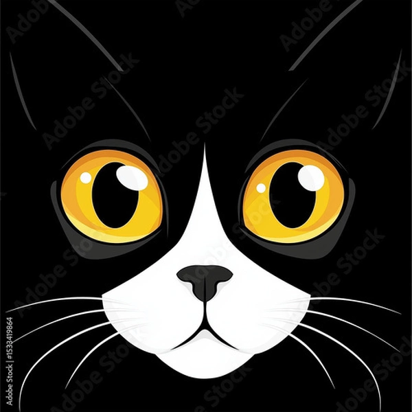 Fototapeta A captivating close-up of a tuxedo cat's face, its expressive golden eyes holding an endearing gaze. The sleek black and white fur is presented with bold, modern style.