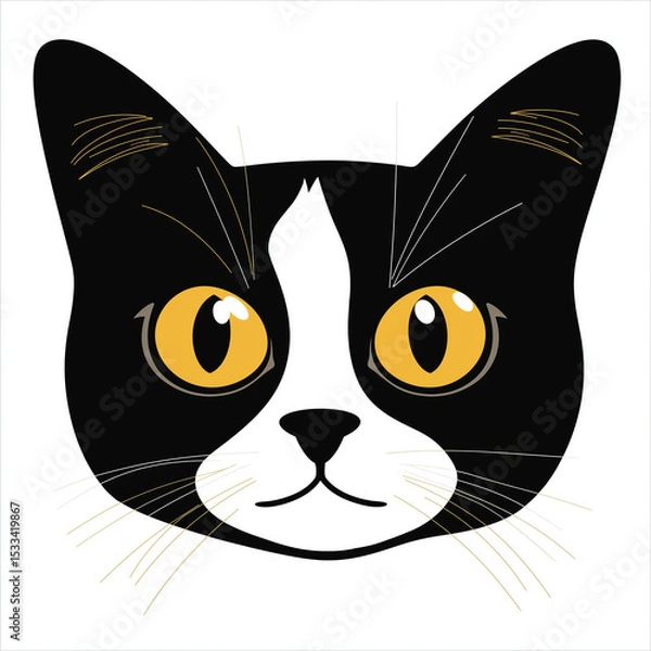 Fototapeta An adorable cartoon cat with striking black and white patterns, a whimsical illustration of a domestic feline. Capturing its charming innocence and playful curiosity.