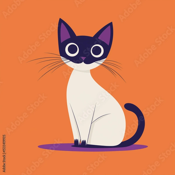 Fototapeta A charming illustration of a Siamese cat, with a striking color palette, sits against a vibrant backdrop, which embodies tranquility and elegance.