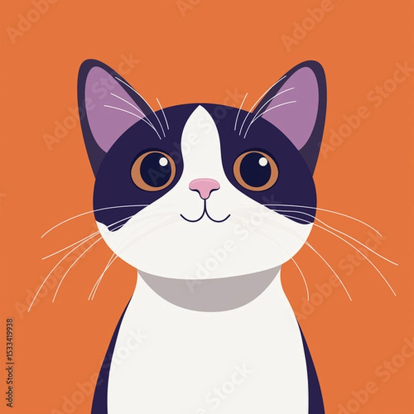 Fototapeta An adorable cat with striking tuxedo markings and big eyes, stands against a bright orange backdrop, exuding charm. 