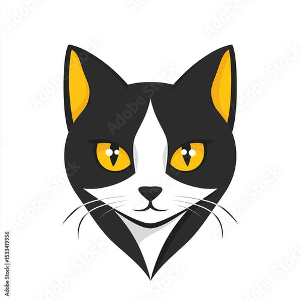 Fototapeta An elegant illustration of a domestic cat, rendered in a simplistic style, with black and white fur and striking yellow eyes. The graphic showcases a cat's head with a touch of artistic flair.