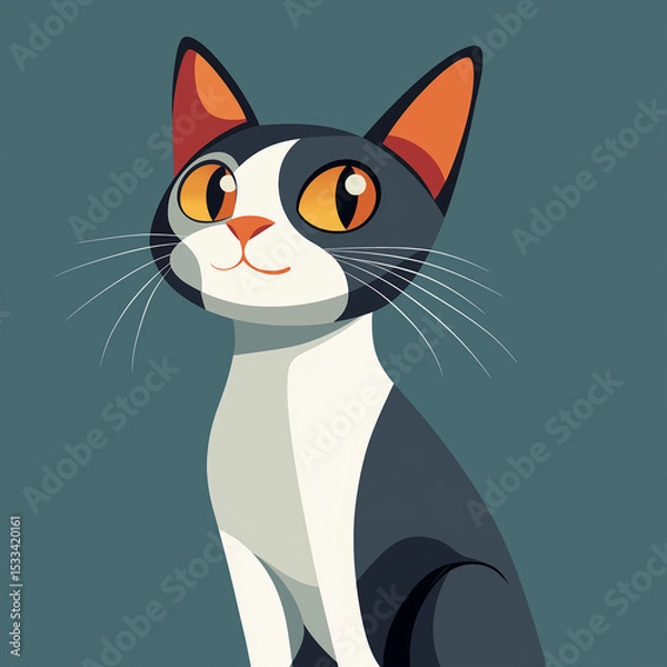 Fototapeta Adorable tuxedo cat with big bright eyes, sitting and looking to the side.