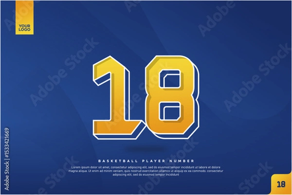 Fototapeta Bold Number 18 in Yellow Gradient with White Outline on Blue Background for Basketball Jersey Design