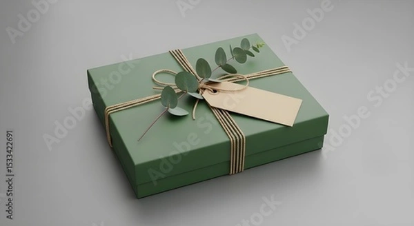 Obraz 3D Green Gift Box with Kraft Tag and Eucalyptus on Grey Background – Eco-Friendly Packaging Mockup