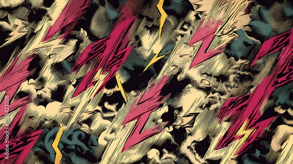 Fototapeta sparkling lightning colorfull, half vintage comic book pattern