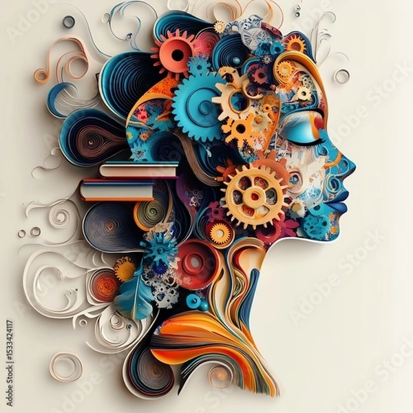 Obraz Abstract female head profile with colorful gears, books, and swirling patterns inside, representing intelligence and creativity.  high resolution   for isolate image