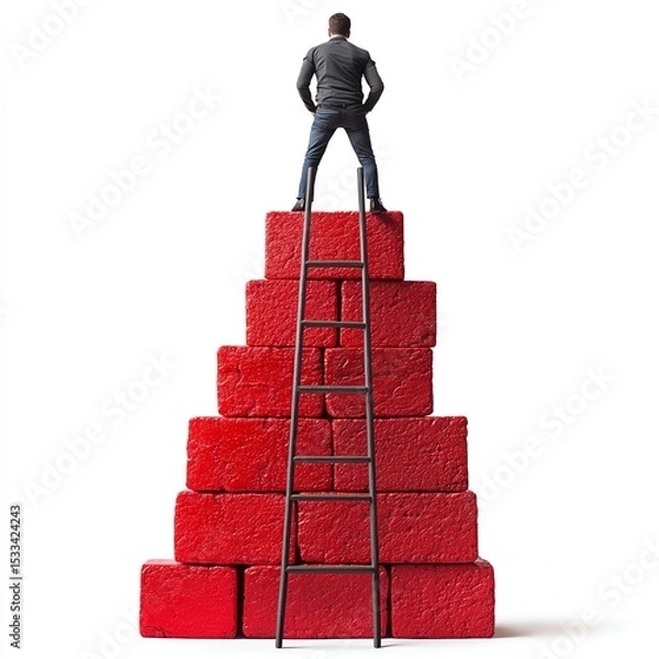 Fototapeta Man climbing ladder to idea; red blocks, growth  high resolution   for isolate image