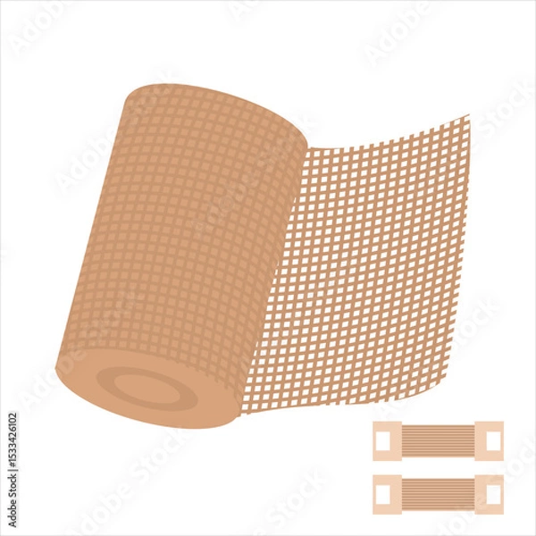 Obraz Rolled elastic bandage in brown color,
comes with two small metal clips,
used for wounds and doctor care,
medical equipment, flat design style.
