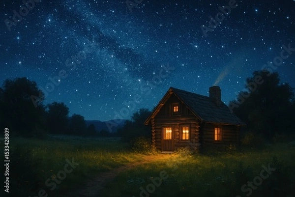 Fototapeta Cozy cabin under starry night sky in peaceful meadow creating fantasy countryside scenery with magical atmosphere