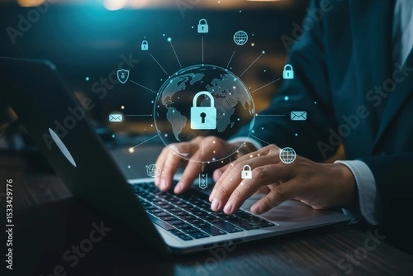 Fototapeta Person using a laptop with global security interface.