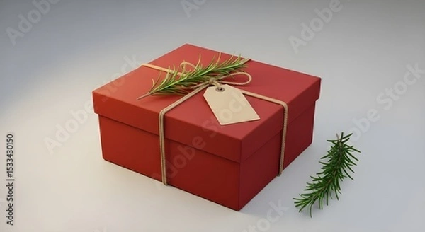 Obraz Eco Chic 3D Red Gift Box with Kraft Tag and Rosemary on Light Grey Background