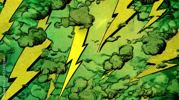 Fototapeta Sparkling lightning green, half vintage comic book pattern