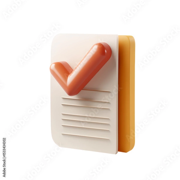 Fototapeta the image showcases a cartoonish document with a check mark in a minimal style. the document is a light beige color with indented horizontal lines representing text