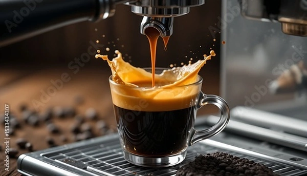 Fototapeta A dynamic close-up of espresso splashing dramatically from a coffee machine into a clear glass cup, creating an energetic and vibrant coffee advertisement image.