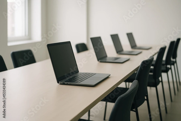 Fototapeta Modern office meeting room with laptops aligned on conference table