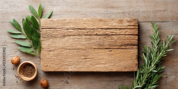 Fototapeta Rustic wooden board with fresh green herbs and spices on wooden table, creating natural and cozy kitchen atmosphere