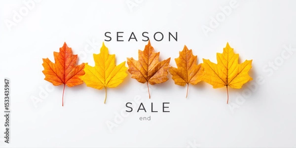 Fototapeta Season sale end with autumn leaves in orange and yellow colors arranged in row on white background for seasonal promotion and discount concept