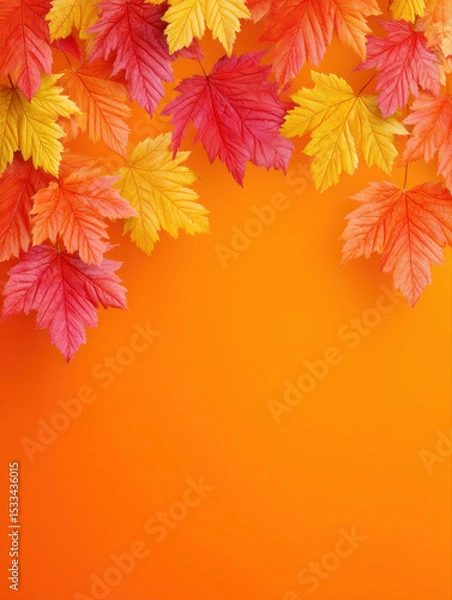 Fototapeta Autumn leaves in red, yellow, and orange colors hang over bright orange background, creating warm seasonal fall design