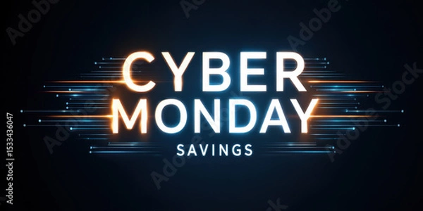 Fototapeta Cyber Monday savings text with sleek digital circuit lines on dark background for online shopping promotion