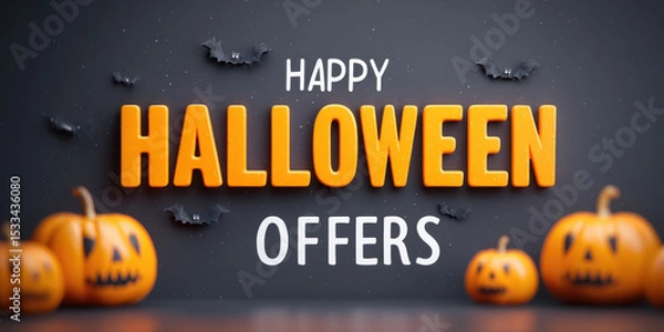 Fototapeta Happy Halloween offers banner with pumpkins and bats on dark background creating spooky festive atmosphere