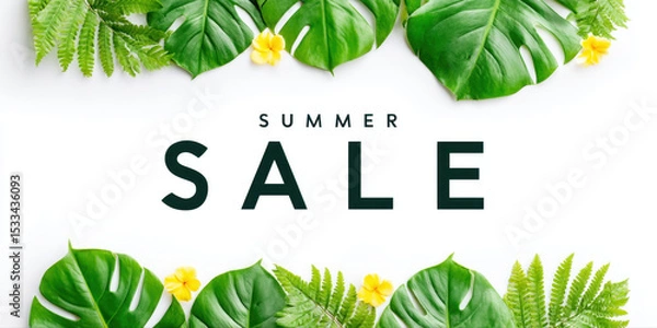 Fototapeta Summer sale banner with tropical green leaves and yellow flowers on white background, bright and fresh design for promotion
