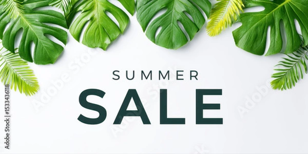 Fototapeta Summer sale banner with tropical green leaves on white background, bright and fresh design for seasonal promotion and marketing