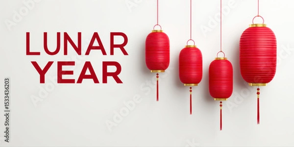 Fototapeta Lunar year celebration with traditional red lanterns hanging on white background, festive and bright decoration for holiday joy