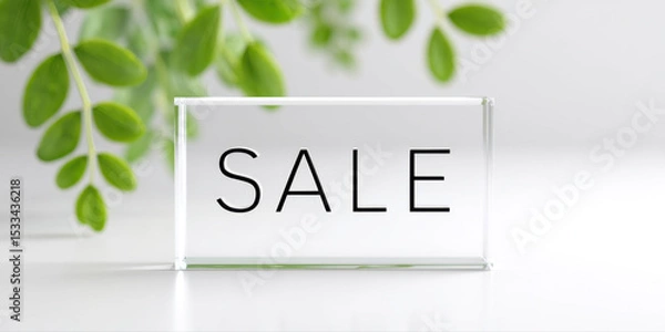 Fototapeta Sale sign on clear glass with green leaves in background, bright minimalistic style, fresh and inviting atmosphere