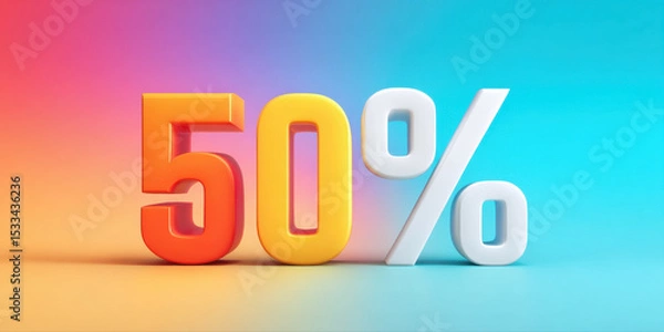 Fototapeta 50 percent discount text with bright gradient background in orange, yellow, and blue colors for sale promotion and marketing design