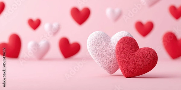 Fototapeta Two textured hearts in red and pink with floating hearts in background create romantic and warm atmosphere for love and celebration