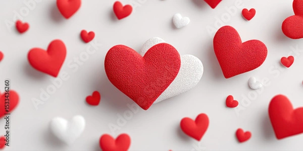 Fototapeta Red and white hearts scattered on light background create romantic and joyful atmosphere perfect for love and Valentine Day celebration