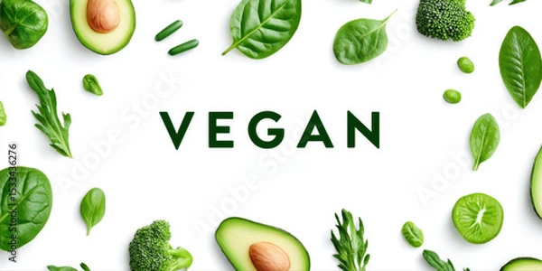 Fototapeta Vegan text surrounded by fresh green vegetables and fruits like avocado, spinach, broccoli, and peas, symbolizing healthy plant based food