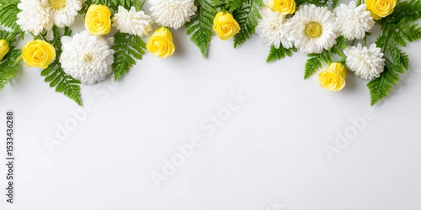 Fototapeta Fresh spring flowers with white chrysanthemum and yellow rose blooms and green fern leaves create vibrant and cheerful floral border white