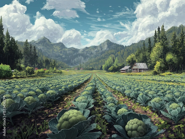 Fototapeta broccoli garden, a large field with neatly arranged broccoli plants, wide leaves covering the ground and broccoli flowers sticking out in the middle, ai generated images.