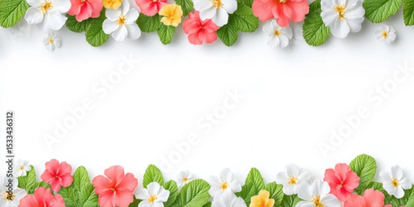 Fototapeta Spring flowers border with vibrant pink, white, and yellow blossoms and fresh green leaves on clean white background