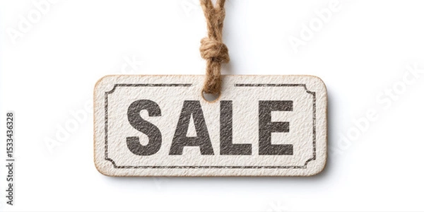 Fototapeta Vintage style sale tag with distressed texture hanging on rope, simple design for discount or promotion, isolated on white background