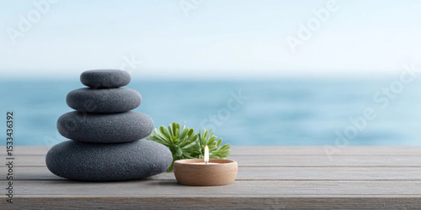 Fototapeta Stacked black spa stones with green succulent and lit candle on wooden surface by calm sea for wellness and relaxation