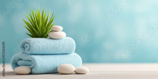 Fototapeta Soft blue towel stack with smooth white stones and green succulent plant on wooden surface for wellness spa relaxation