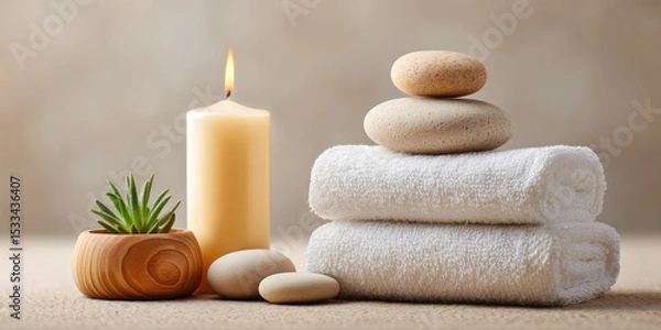 Fototapeta Soft white towel with smooth stones and lit candle create peaceful spa setting for relaxation and wellness at home