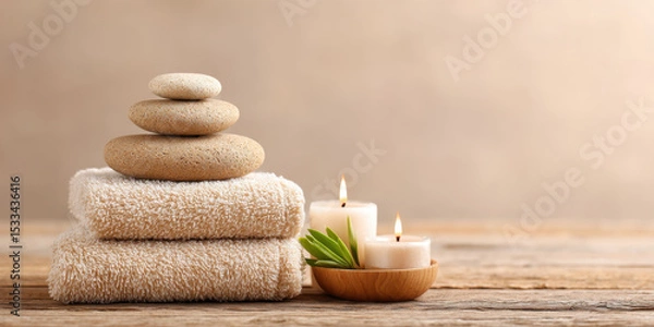 Fototapeta Soft beige towels stacked with smooth spa stones and lit candles on rustic wooden surface for calm wellness