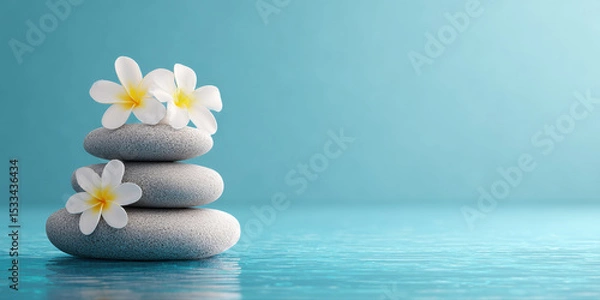 Fototapeta Smooth gray stones stacked with white plumeria flowers on water surface, creating calm and peaceful spa atmosphere for wellness and relaxation