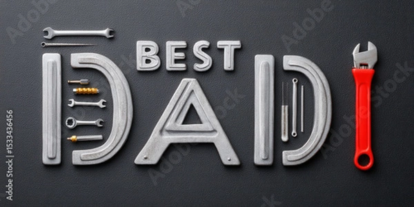 Fototapeta Best dad text made from metal tools and red adjustable wrench on black background, creative mechanic gift idea for father