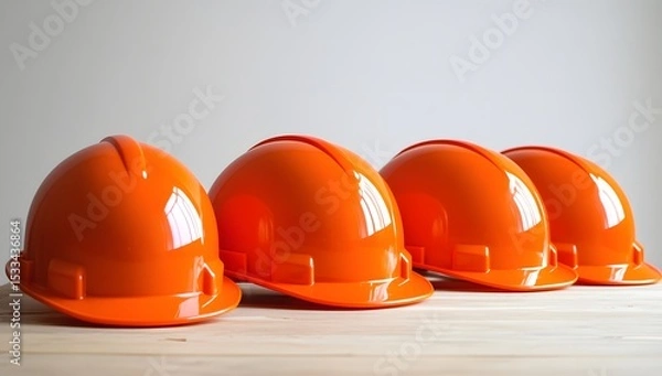 Fototapeta Row of Orange Construction Helmets on Wooden Shelf
