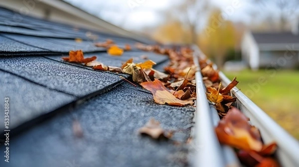 Fototapeta Clogged Rain Gutter with Autumn Leaves on Roof
