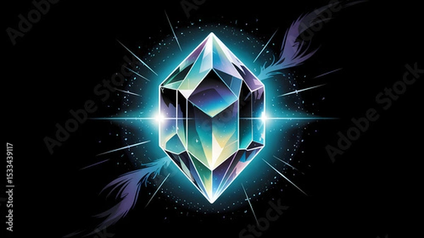 Fototapeta Radiant Mana Crystal Floating in Dark Void with Shifting Blue Hues and Magical Stardust Particles