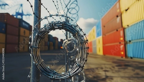 Fototapeta Barbed Wire Fence at Shipping Container Port
