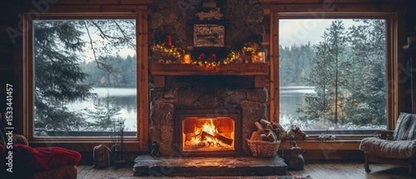 Fototapeta Cozy Cabin with Fireplace and Scenic Views in Peaceful Environment